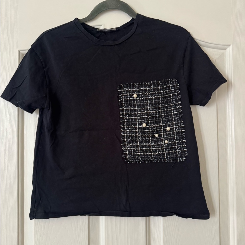Zara Black T-Shirt with Tweed Pocket